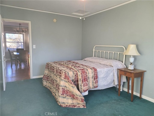 carpeted bedroom with a chandelier and crown molding