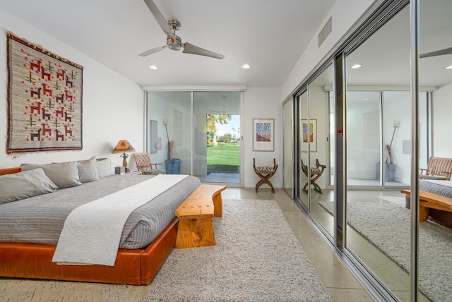 bedroom featuring ceiling fan and access to exterior