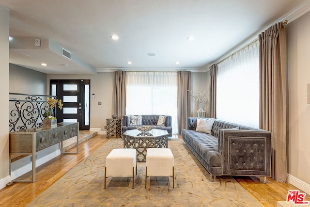 living room with ornamental molding and light hardwood / wood-style floors