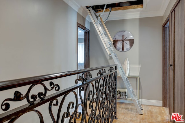 hall with light hardwood / wood-style flooring and ornamental molding