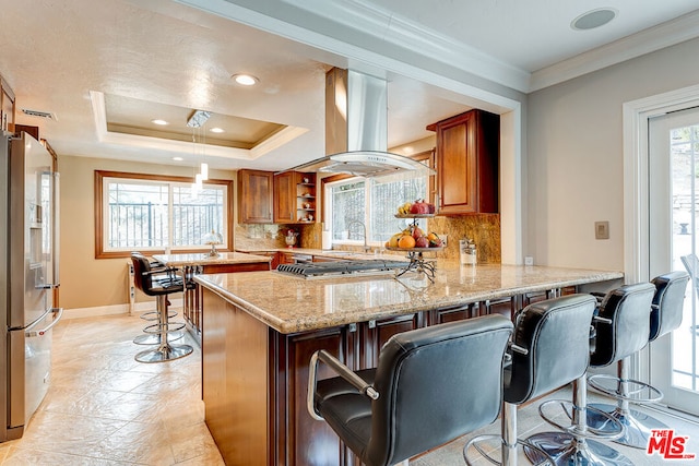 kitchen with a breakfast bar, a tray ceiling, kitchen peninsula, and stainless steel appliances