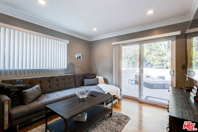 living room with crown molding and light wood-type flooring