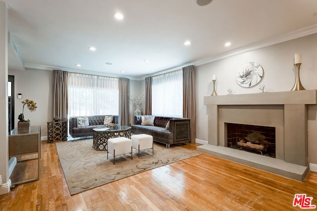 living room with ornamental molding and hardwood / wood-style floors