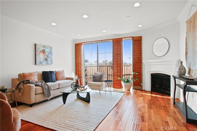 living room featuring ornamental molding and light wood-type flooring