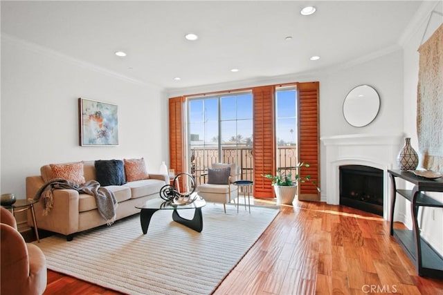 living room featuring ornamental molding and light hardwood / wood-style floors