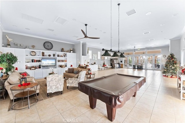 game room featuring crown molding, light tile patterned floors, and pool table