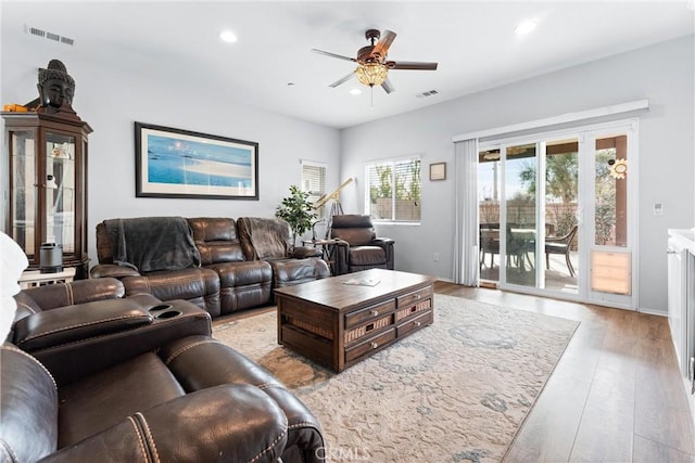 living room with ceiling fan and light hardwood / wood-style floors