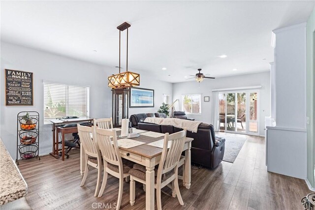 dining area featuring ceiling fan and hardwood / wood-style flooring