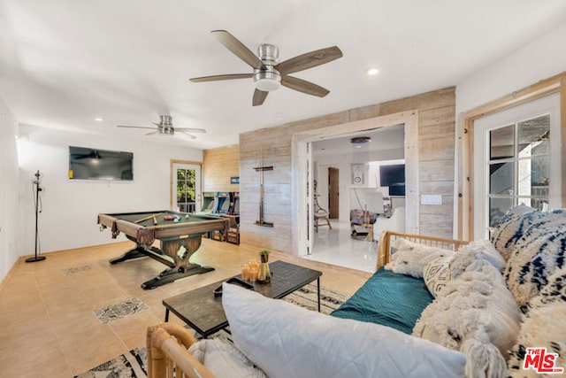 recreation room with ceiling fan, pool table, and light tile patterned flooring