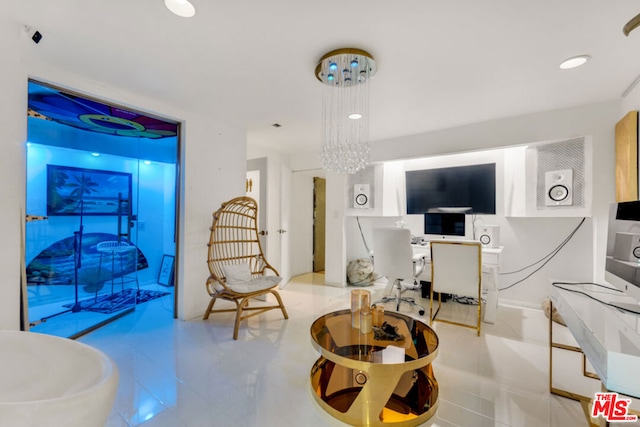 living room with a chandelier