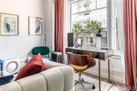 living area featuring light hardwood / wood-style floors and radiator