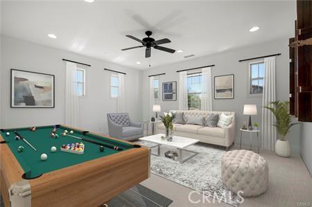 playroom with ceiling fan, carpet, and billiards