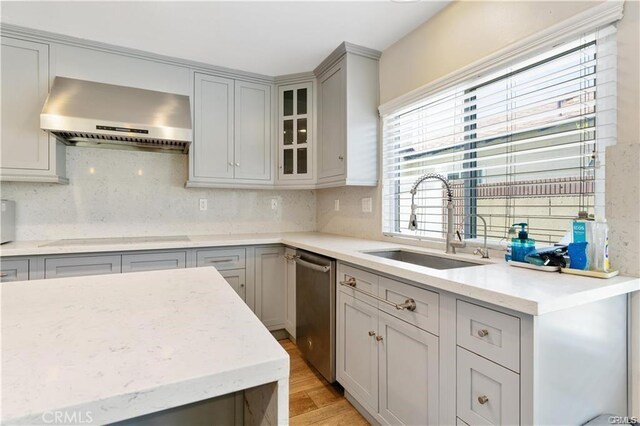 kitchen featuring stovetop, wall chimney range hood, decorative backsplash, sink, and gray cabinets