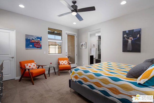 bedroom featuring ceiling fan and carpet