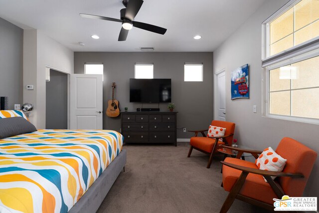 bedroom featuring ceiling fan and carpet floors