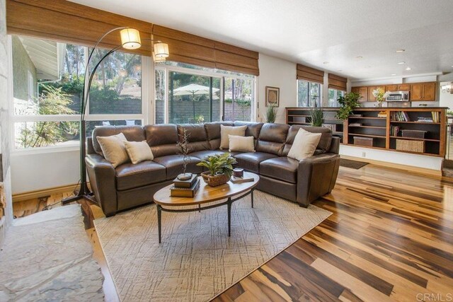 living room featuring light wood-type flooring and a healthy amount of sunlight