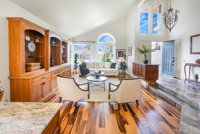 living room featuring high vaulted ceiling and wood-type flooring