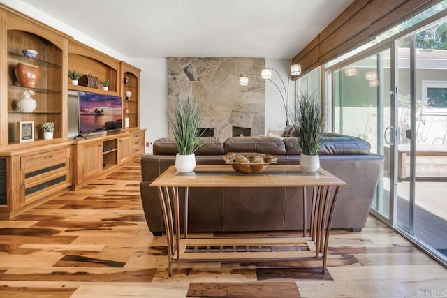 interior space featuring wood-type flooring and a fireplace