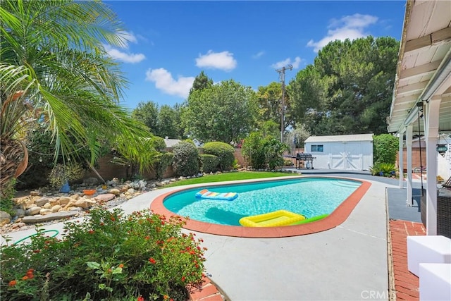 view of swimming pool with a storage shed