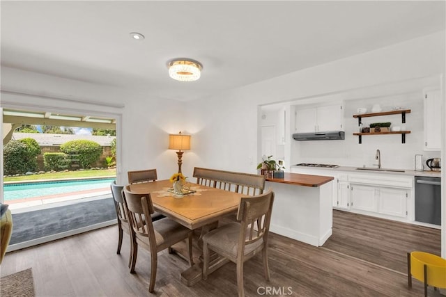 dining space with dark wood-type flooring and sink