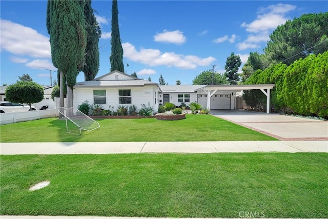 ranch-style home featuring a front yard and a garage