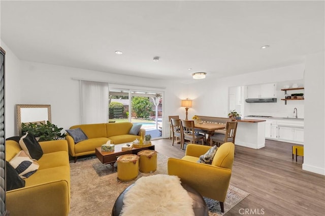 living room with light wood-type flooring and sink