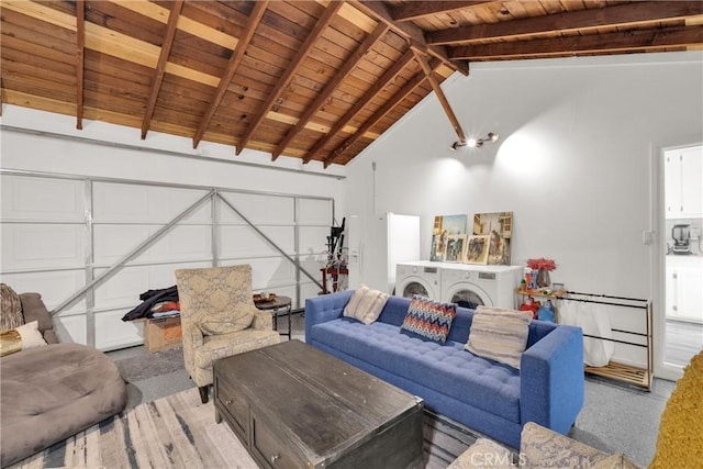 living room featuring high vaulted ceiling, wooden ceiling, washer and dryer, and beamed ceiling