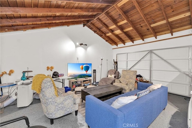 living room featuring wood ceiling, high vaulted ceiling, and beamed ceiling