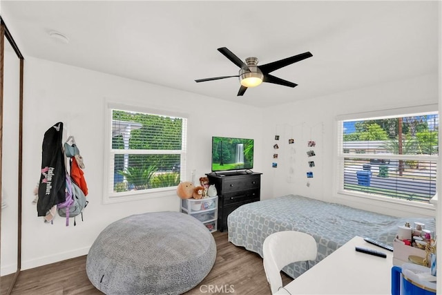 bedroom with ceiling fan, wood-type flooring, and a closet