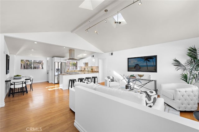 living room with vaulted ceiling with skylight and light hardwood / wood-style floors