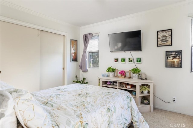 bedroom with a closet, carpet flooring, and ornamental molding