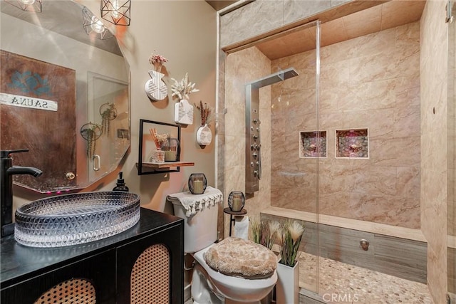 bathroom with vanity, toilet, and walk in shower