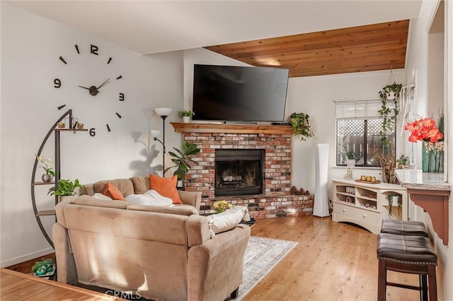 living room featuring light wood-type flooring and a fireplace