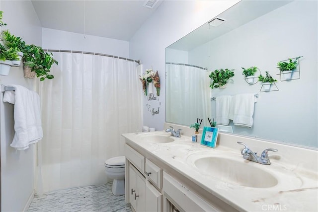 bathroom featuring toilet, vanity, and a shower with shower curtain