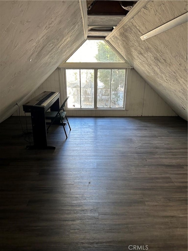 additional living space with dark wood-type flooring and lofted ceiling