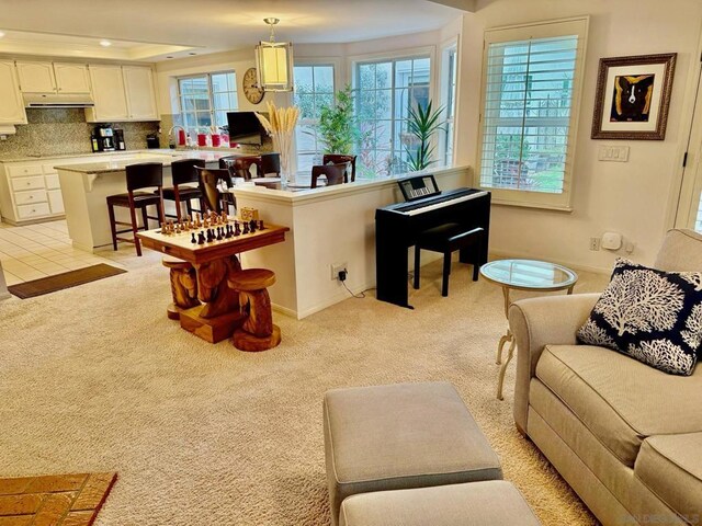 carpeted living room featuring a healthy amount of sunlight and a raised ceiling