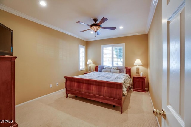 bedroom featuring ceiling fan, light colored carpet, and crown molding