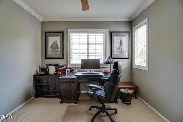 office space featuring plenty of natural light, ornamental molding, and light carpet