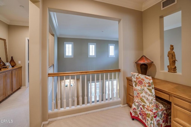 office area featuring light carpet and crown molding