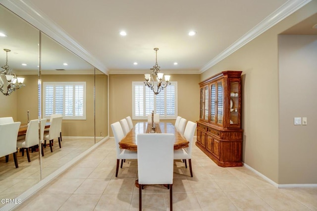 tiled dining space featuring ornamental molding, a chandelier, and a healthy amount of sunlight