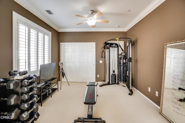 workout room with ceiling fan, a wealth of natural light, carpet flooring, and crown molding