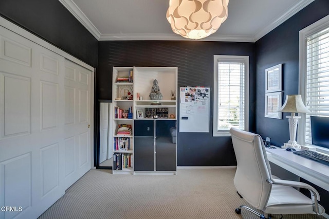 office space with crown molding and light colored carpet