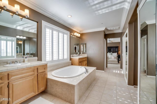 bathroom featuring tiled bath, vanity, tile patterned floors, and ornamental molding