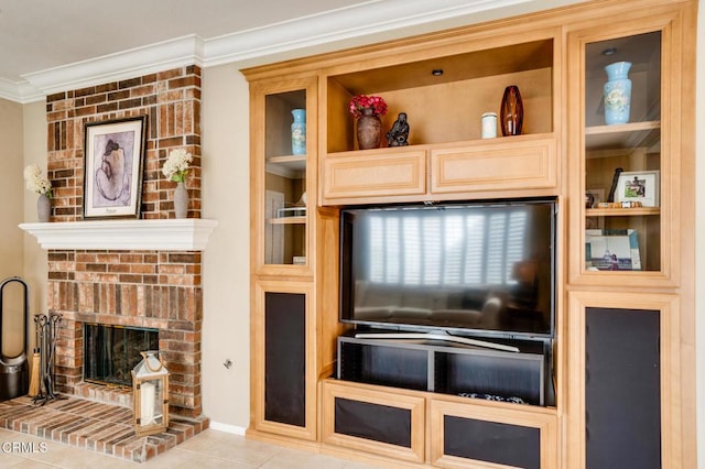 tiled living room with crown molding and a fireplace