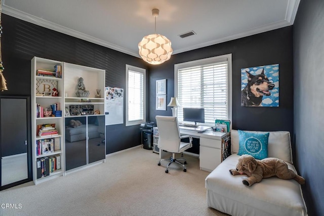 carpeted office space with crown molding