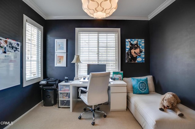 carpeted office space featuring a healthy amount of sunlight and ornamental molding