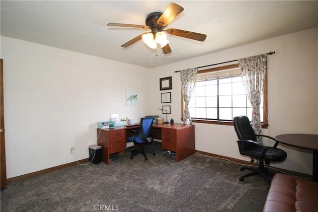 905 Madera Ln, Lake Arrowhead, CA 92352 - office area featuring dark carpet, ceiling fan, and baseboards