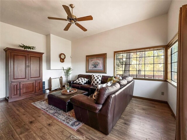 905 Madera Ln, Lake Arrowhead, CA 92352 - living room with baseboards, wood finished floors, and a ceiling fan