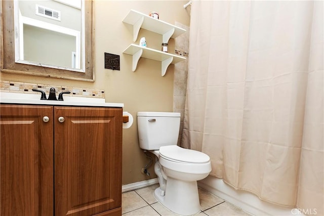 full bathroom with toilet, backsplash, shower / bath combo with shower curtain, tile patterned floors, and vanity