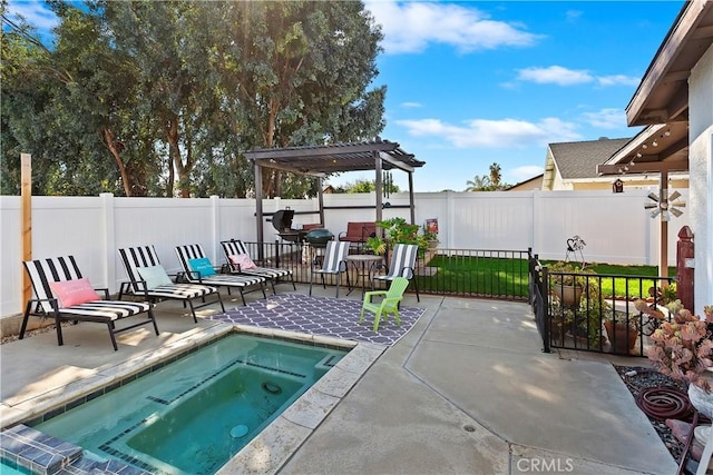 view of swimming pool featuring a pergola, an in ground hot tub, and a patio